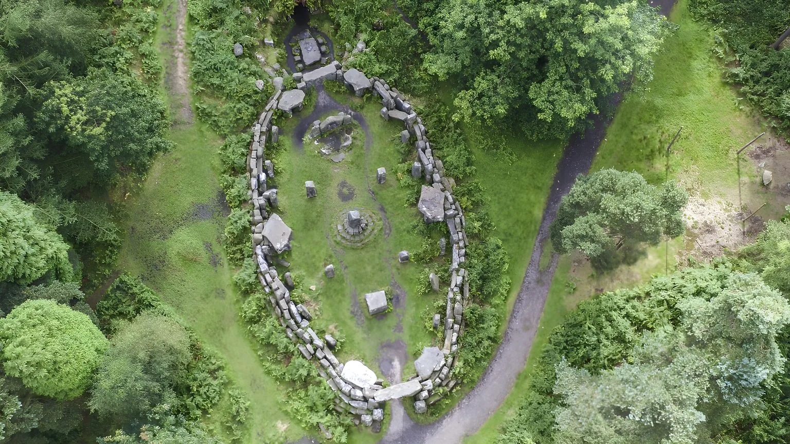 Aerial view of the stone circle of the Druid’s Temple in the woodland
